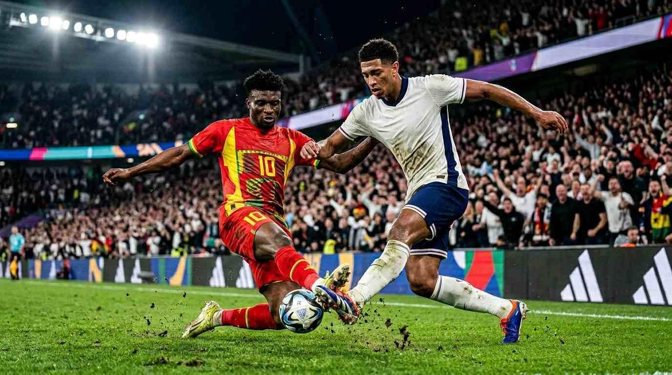 Inglaterra y Ghana disputan un balón en un intenso partido del Mundial 2026.