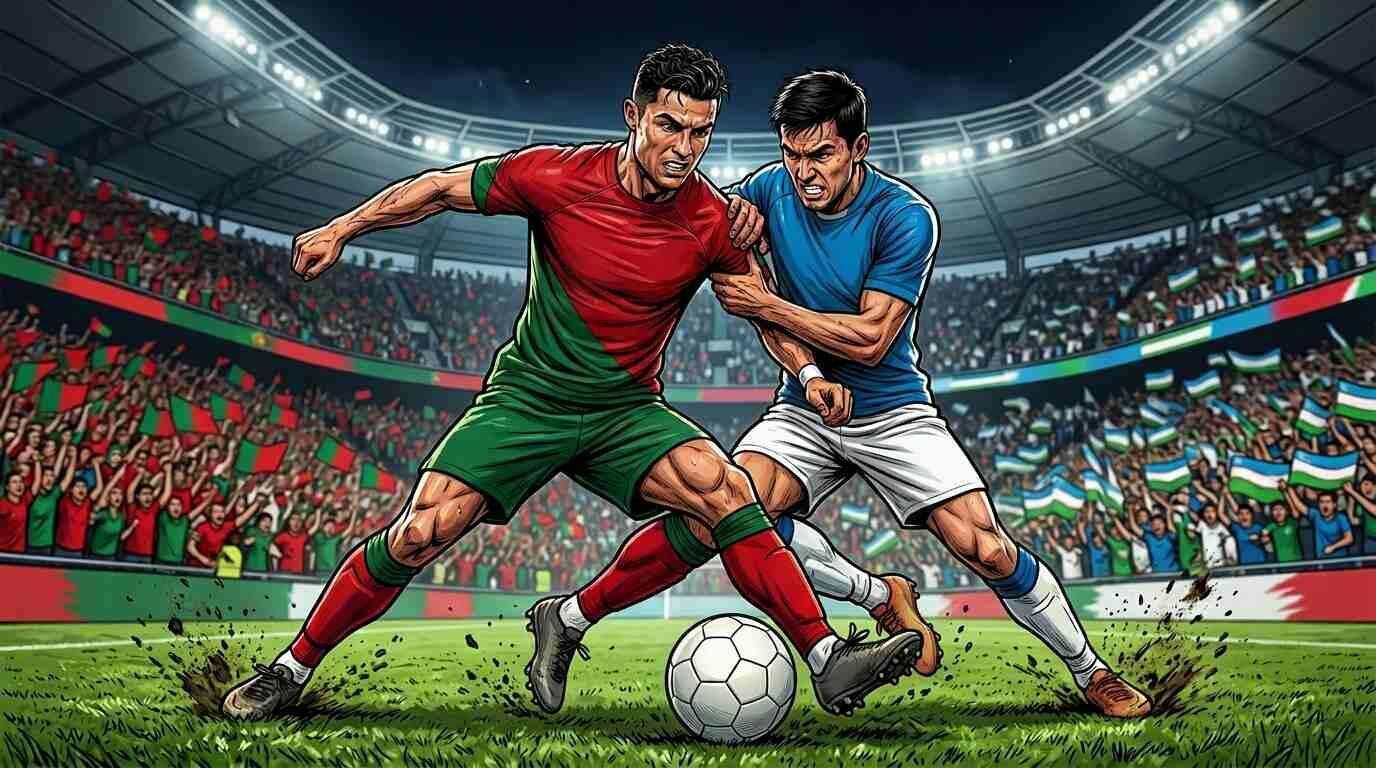 Portugal y Uzbekistán disputan un balón en un estadio lleno durante el Mundial 2026.