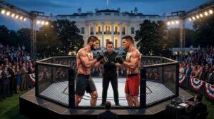 Peleadores de MMA en una jaula frente a la Casa Blanca durante un evento al aire libre.