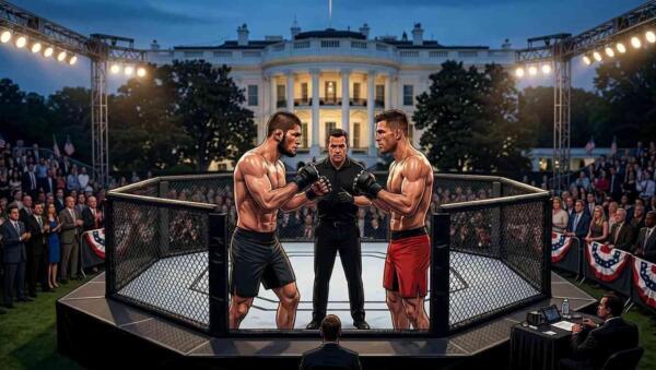 Peleadores de MMA en una jaula frente a la Casa Blanca durante un evento al aire libre.