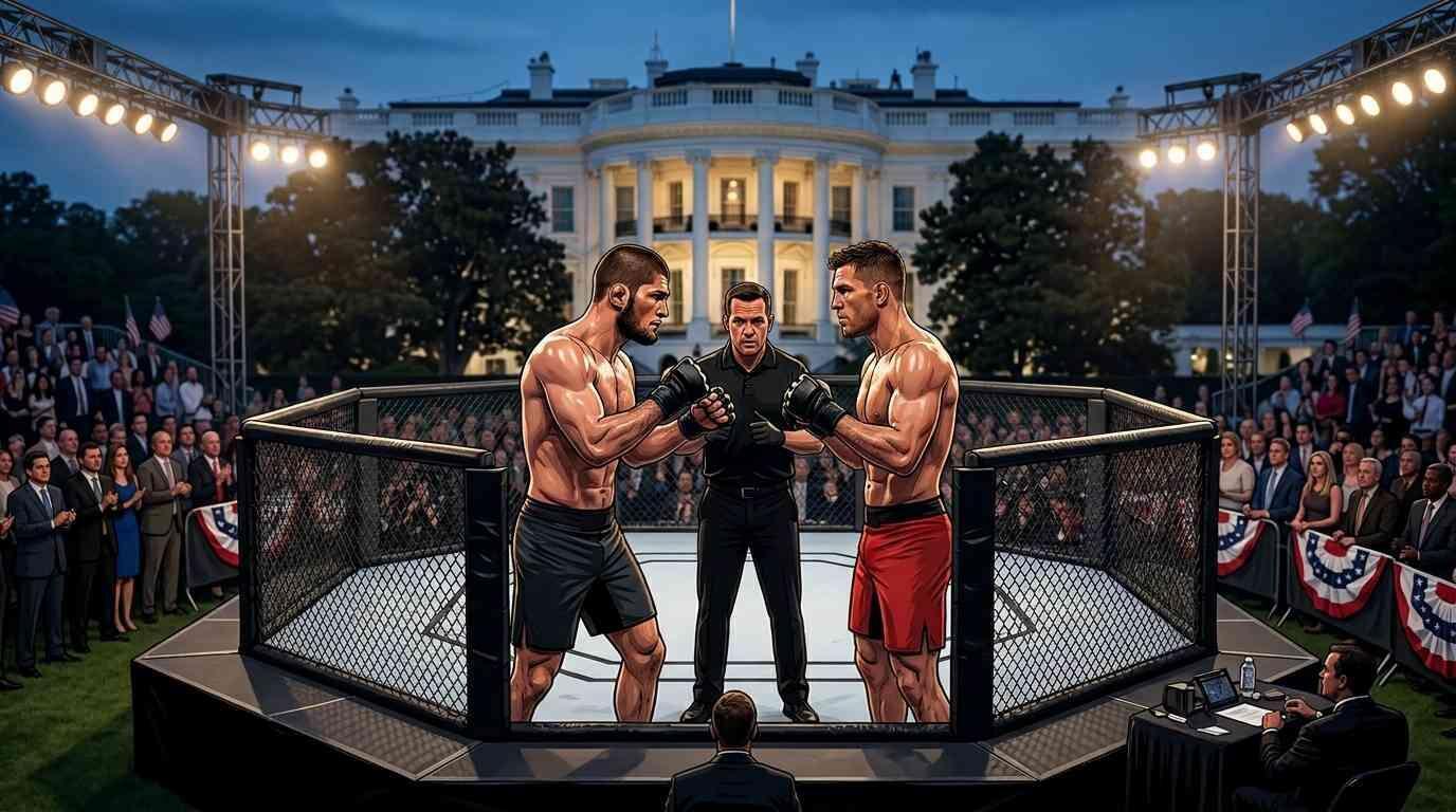 Peleadores de MMA en una jaula frente a la Casa Blanca durante un evento al aire libre.