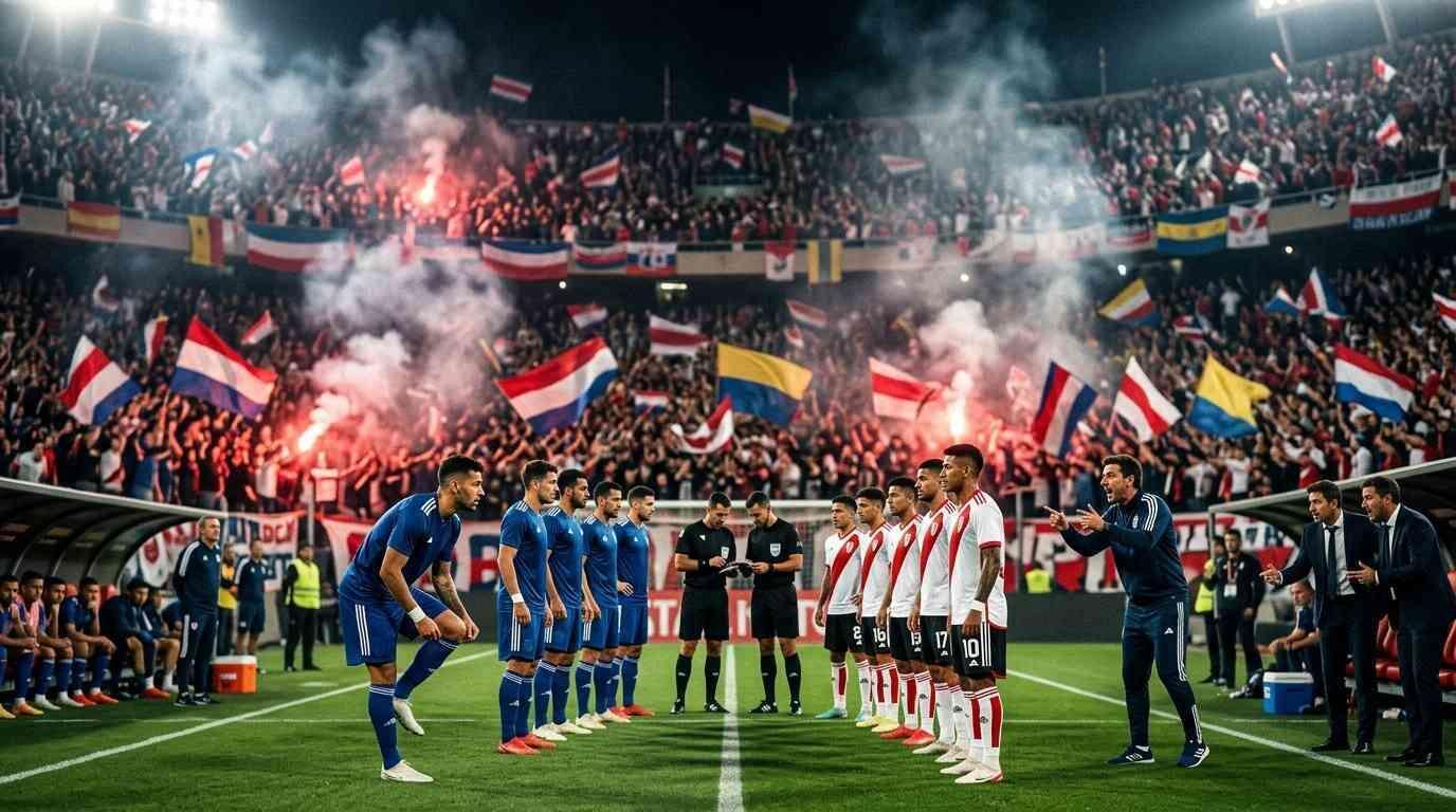Dos equipos de futbol reunidos con los arbitros para iniciar le partido