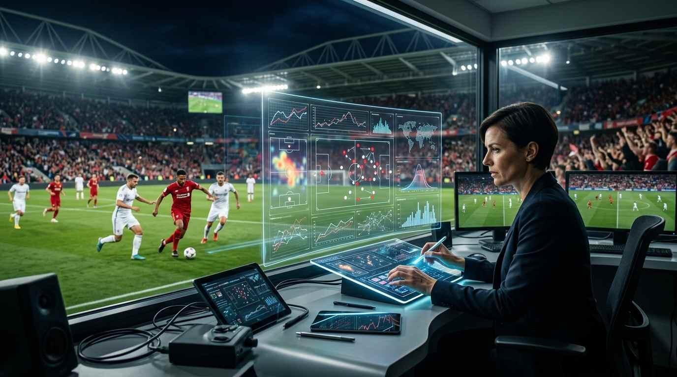 Analista revisa estadísticas mientras observa un partido del Mundial 2026 en un estadio.
