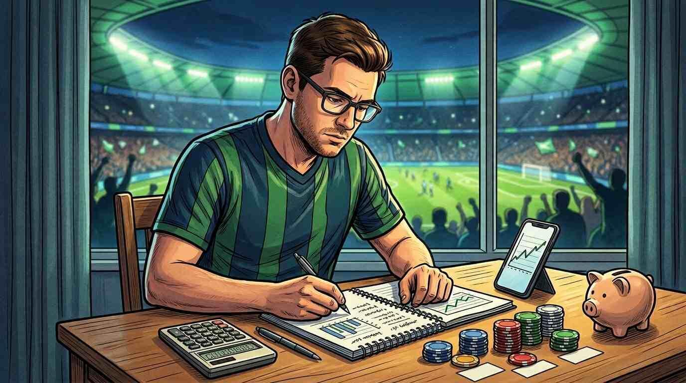 Aficionado organiza su presupuesto para apuestas del Mundial 2026 frente a un estadio iluminado.
