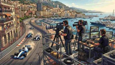 Cámaras de TV transmiten una carrera en Mónaco con autos veloces y el puerto de fondo.