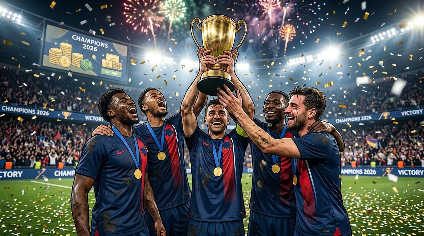 Campeones de fútbol celebrando con un trofeo y premios económicos en un estadio lleno.