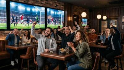 Aficionados siguen un partido del Mundial 2026 en pantallas grandes y celebran una jugada.