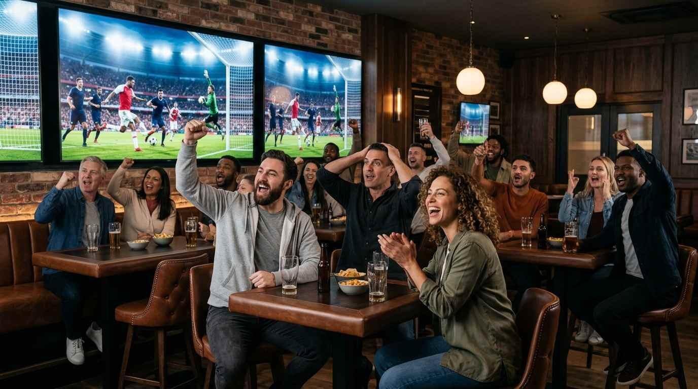 Aficionados siguen un partido del Mundial 2026 en pantallas grandes y celebran una jugada.