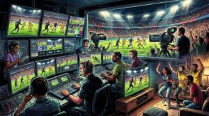Transmisión televisiva de partidos del Mundial 2026 con cámaras, pantallas y ambiente futbolero.