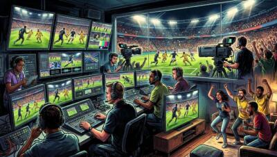 Transmisión televisiva de partidos del Mundial 2026 con cámaras, pantallas y ambiente futbolero.
