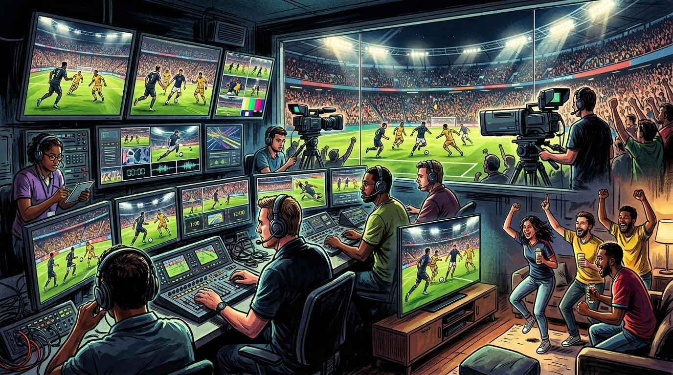 Transmisión televisiva de partidos del Mundial 2026 con cámaras, pantallas y ambiente futbolero.