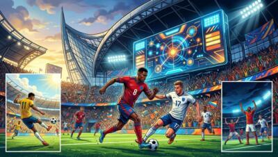 Calendario visual del Mundial 2026 con partidos en distintos estadios y ambiente de torneo global.