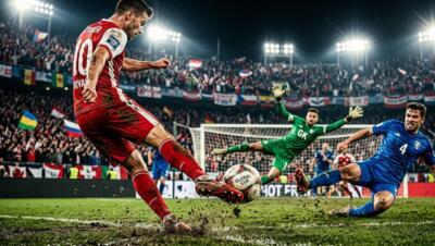 Top World Cup matchups showcased through dramatic soccer action in a packed stadium.
