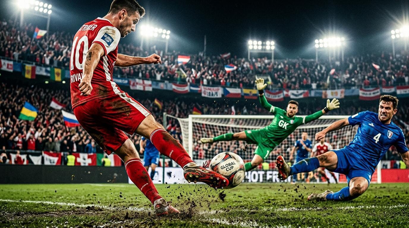 Top World Cup matchups showcased through dramatic soccer action in a packed stadium.