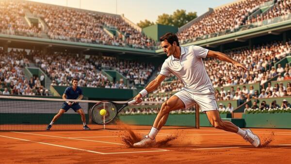 Jugadores de tenis compitiendo en una cancha de arcilla durante un importante torneo de Grand Slam en París.