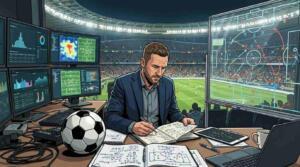 Analista revisa estadísticas y tácticas de fútbol frente a un estadio iluminado.