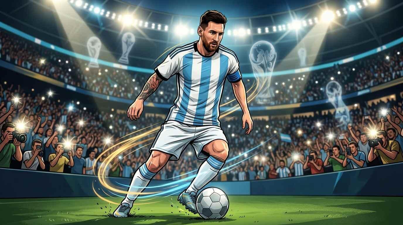 Messi domina el balón en un estadio mundialista mientras se celebra su legado y récords históricos.