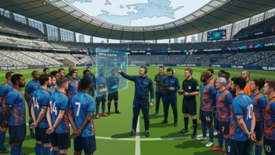Referees and players discuss new tournament rules inside a modern soccer stadium.