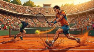 Jugadores de tenis en una cancha de arcilla durante un importante torneo de Grand Slam en París.
