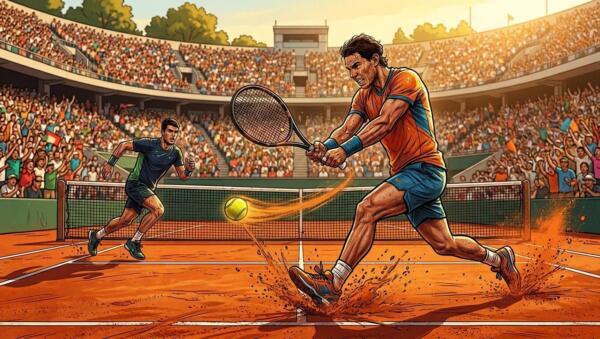 Jugadores de tenis en una cancha de arcilla durante un importante torneo de Grand Slam en París.