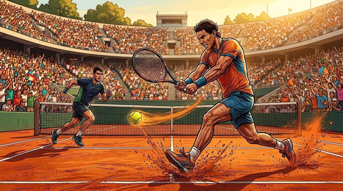 Jugadores de tenis en una cancha de arcilla durante un importante torneo de Grand Slam en París.