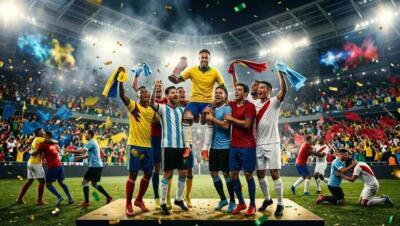 Futbolistas sudamericanos compiten y celebran en el ambiente del Mundial 2026.