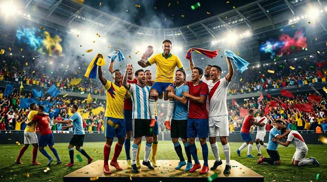 Futbolistas sudamericanos compiten y celebran en el ambiente del Mundial 2026.