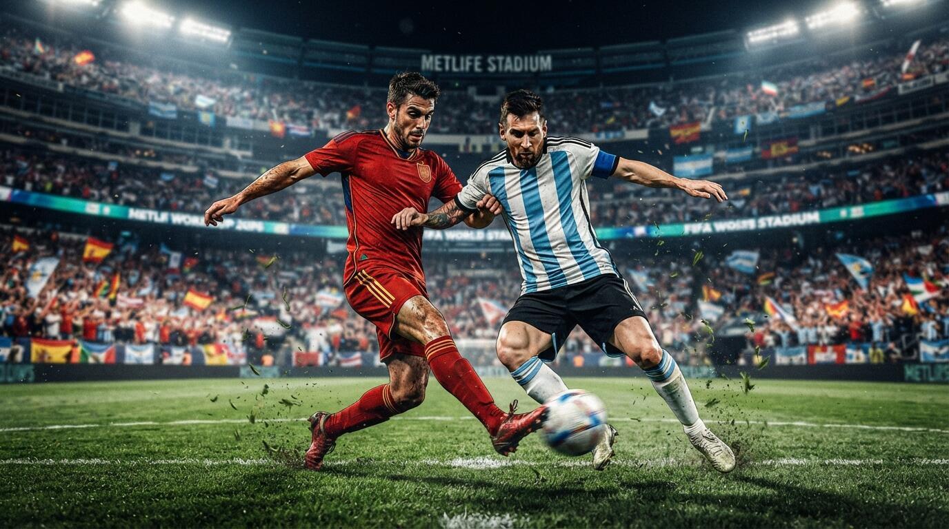 Duelo intenso entre España y Argentina en un estadio lleno durante el Mundial 2026.