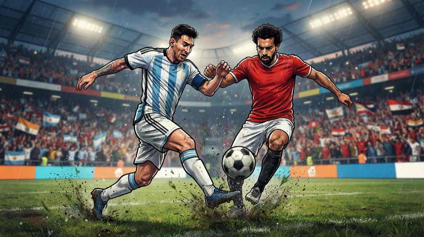 Argentina y Egipto disputan el balón en un estadio mundialista.