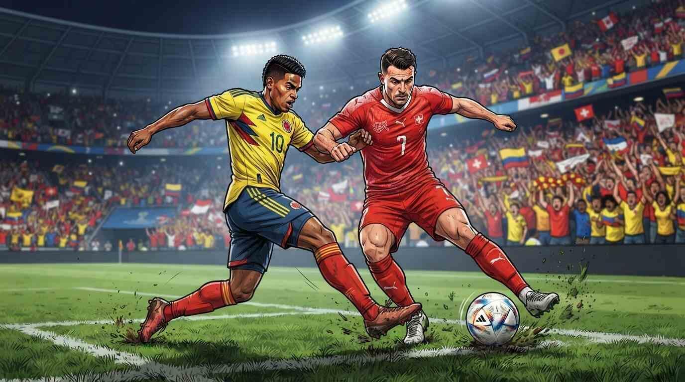 Suiza y Colombia disputan el balón en un estadio mundialista iluminado.