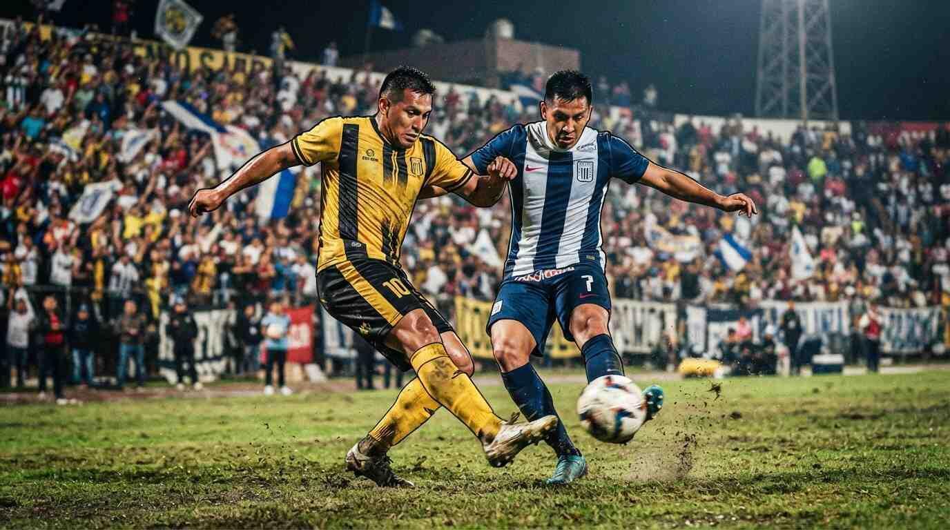 Partido entre Comerciantes Unidos y Alianza Lima con disputa intensa del balón en un estadio lleno.