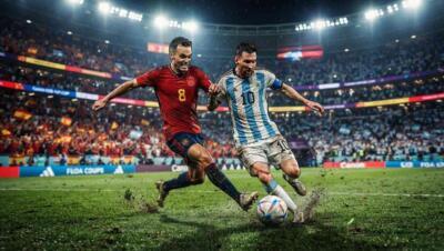Jugadores de España y Argentina disputan el balón en un estadio lleno durante el Mundial 2026.