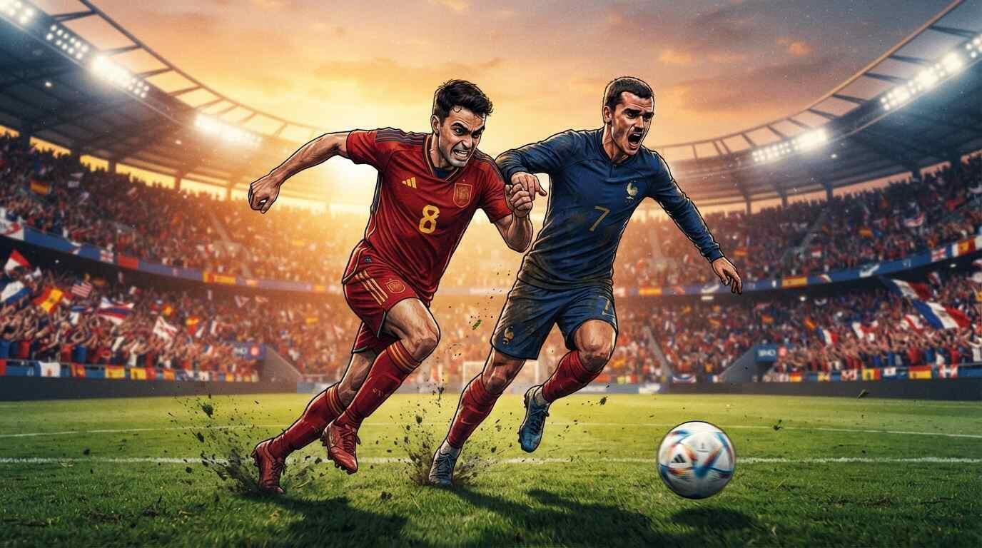 Jugadores inspirados en España y Francia disputan un balón en una semifinal del Mundial 2026.