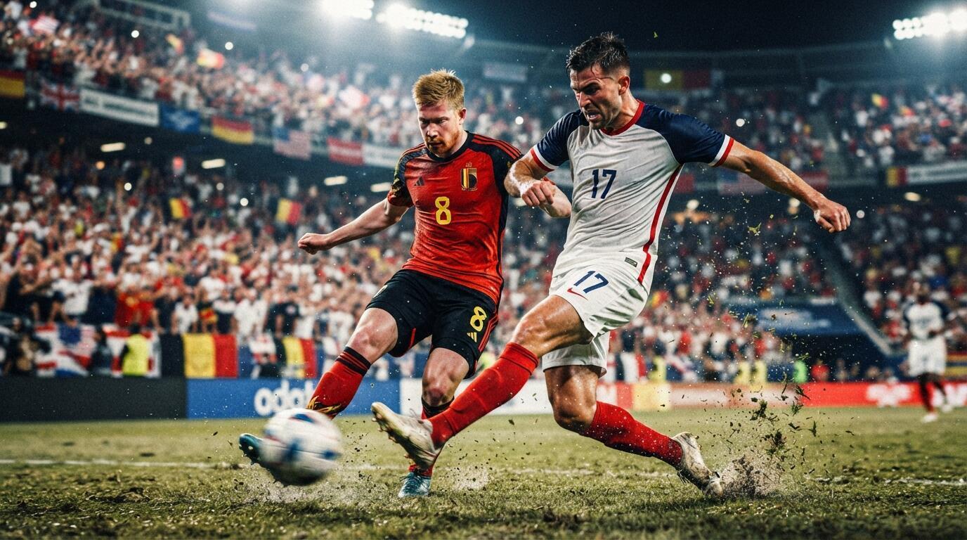 Jugadores de Estados Unidos y Bélgica disputan el balón en un estadio mundialista.
