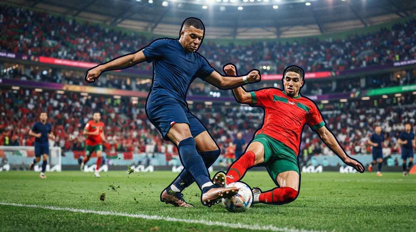Francia y Marruecos disputan el balón en un intenso partido mundialista.