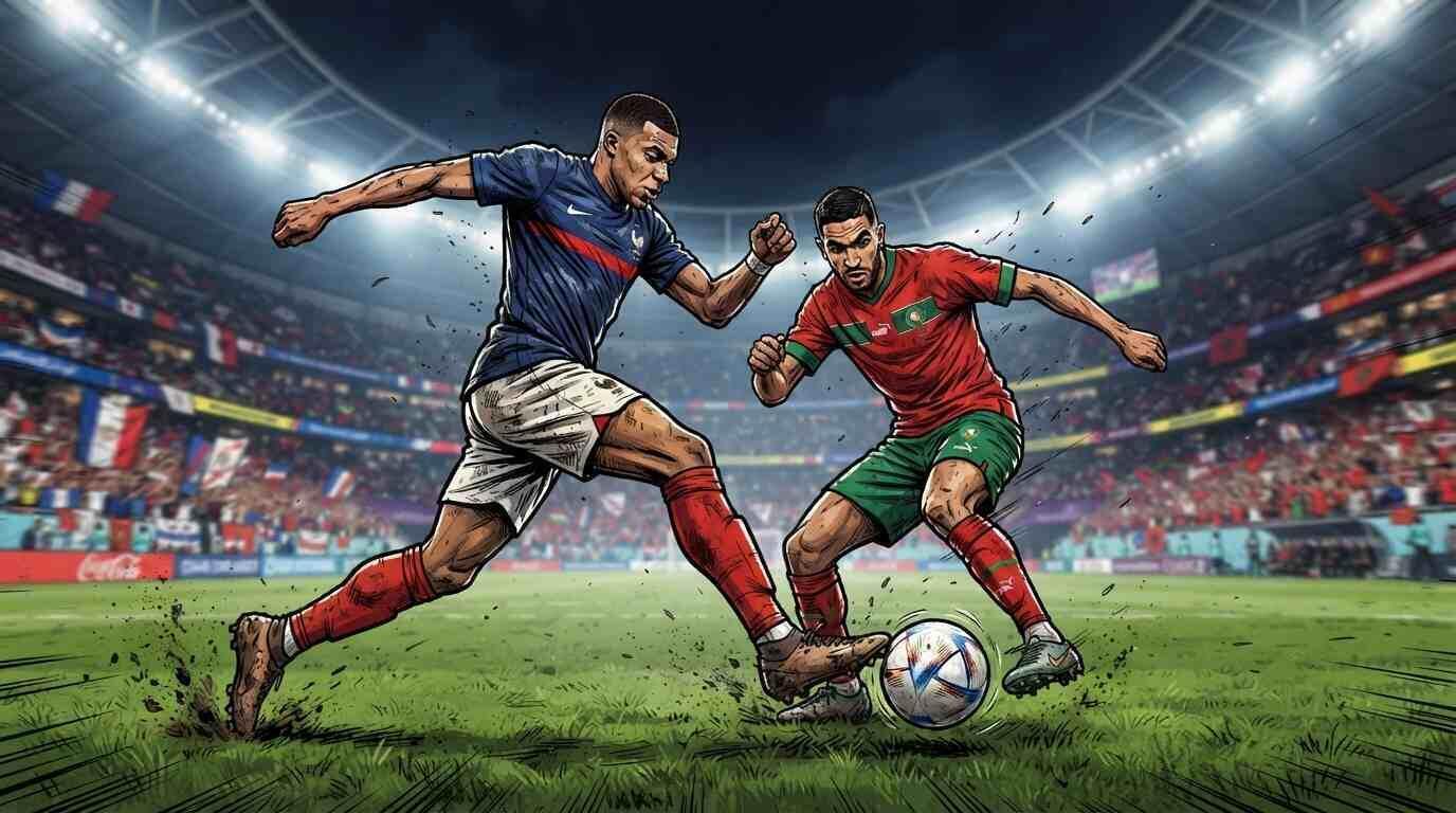 Francia y Marruecos disputan el balón en un estadio mundialista.