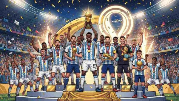 Equipos y jugadores celebran sus premios tras el Mundial 2026 en un estadio lleno de confeti.