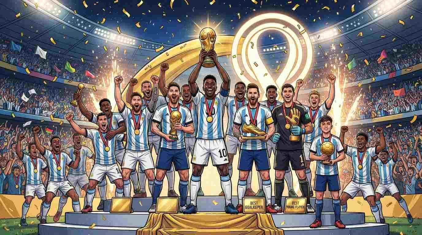 Equipos y jugadores celebran sus premios tras el Mundial 2026 en un estadio lleno de confeti.