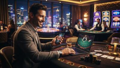Jugador disfruta juegos de casino en línea desde su móvil en un ambiente moderno y elegante.