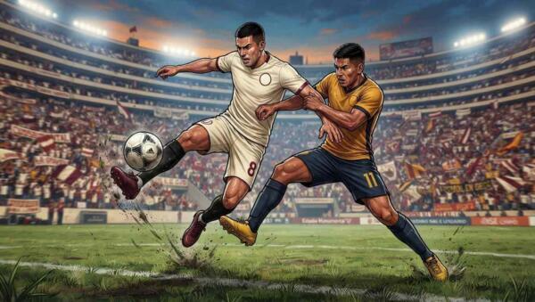 Duelo intenso entre Universitario y Cusco por la pelota en un estadio de la Liga 1 Perú.