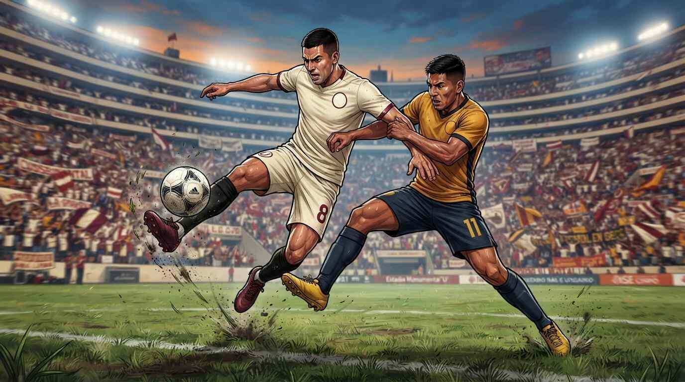 Duelo intenso entre Universitario y Cusco por la pelota en un estadio de la Liga 1 Perú.