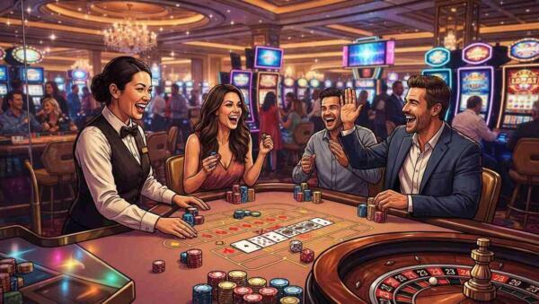 Promociones de casino con ruleta, cartas, fichas y máquinas tragamonedas en un ambiente vibrante.