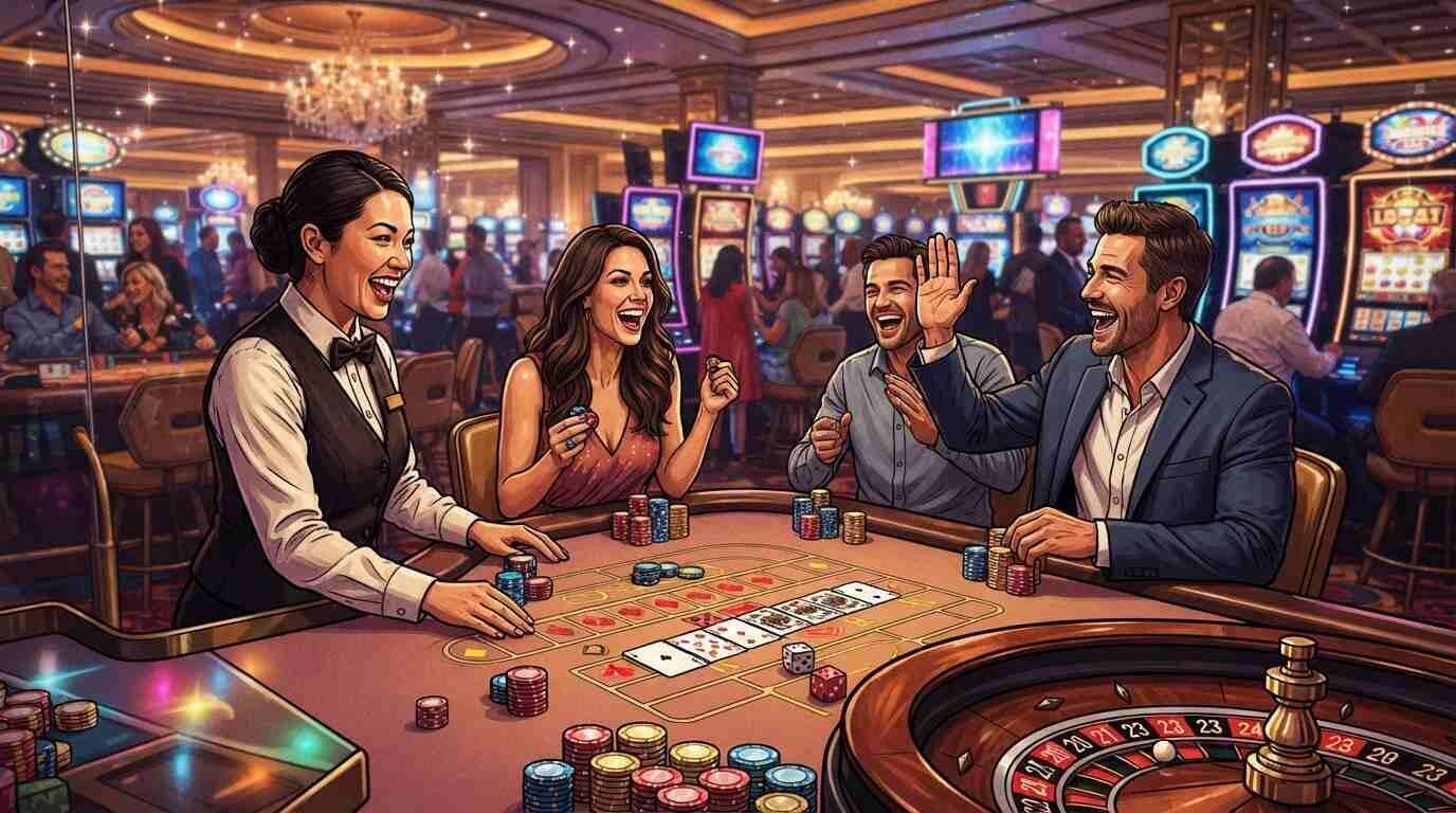 Promociones de casino con ruleta, cartas, fichas y máquinas tragamonedas en un ambiente vibrante.