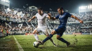 Jugadores de Santos y Universidad Central disputan el balón en un duelo intenso de la Copa Sudamericana.