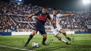 Jugadores de Tigre y Nacional disputan un balón en un duelo intenso de la Copa Sudamericana.