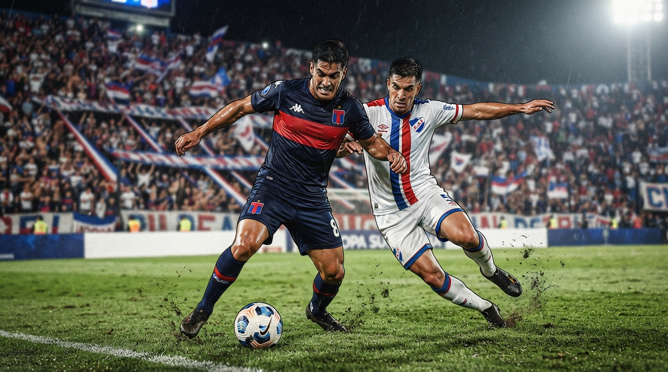 Jugadores de Tigre y Nacional disputan un balón en un duelo intenso de la Copa Sudamericana.