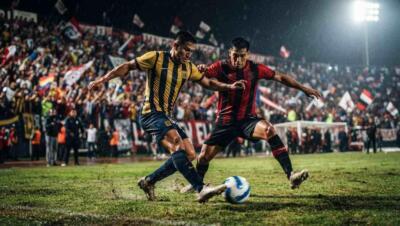 Partido de Liga 1 de Perú entre Cajamarca y Moquegua, con acción intensa en un estadio lleno.