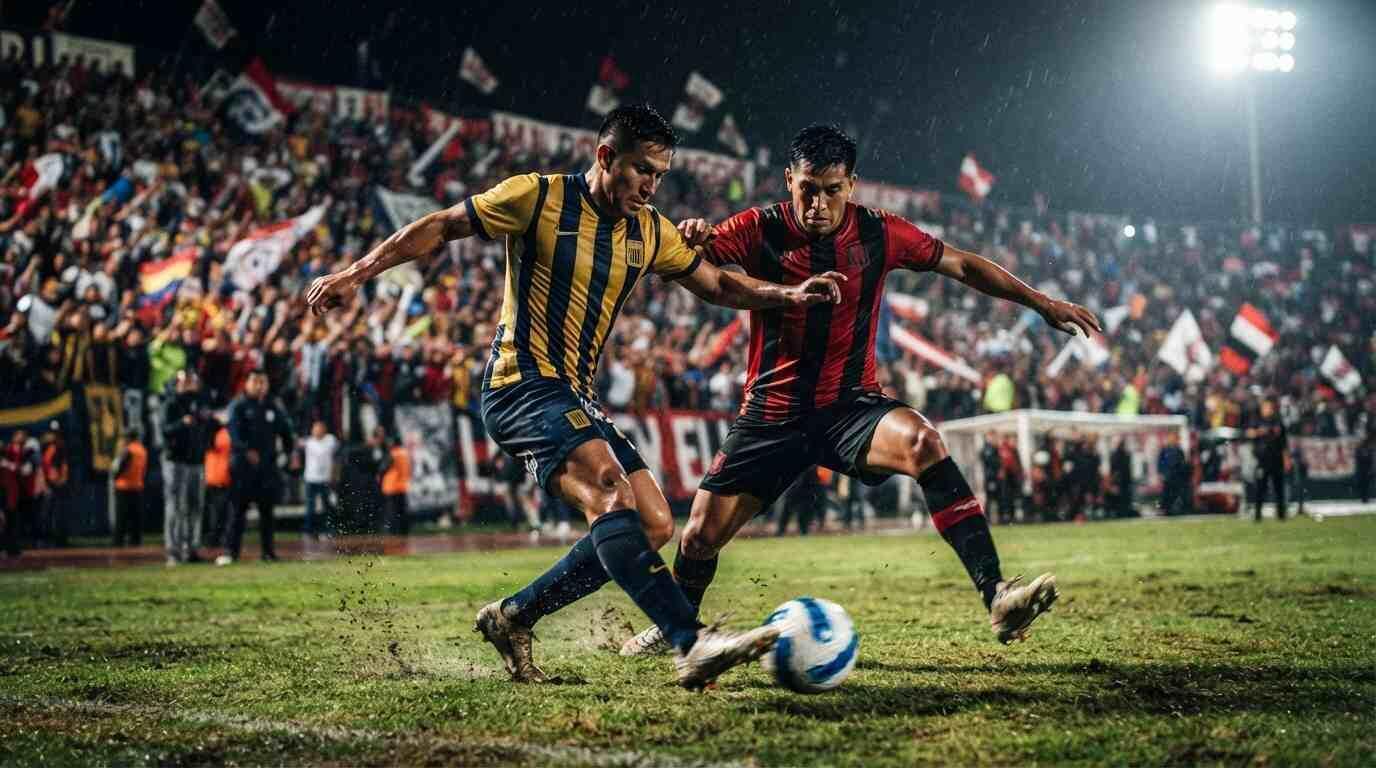Partido de Liga 1 de Perú entre Cajamarca y Moquegua, con acción intensa en un estadio lleno.