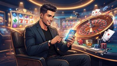 Jugador en casino online con ruleta, cartas y fichas en un entorno digital realista.
