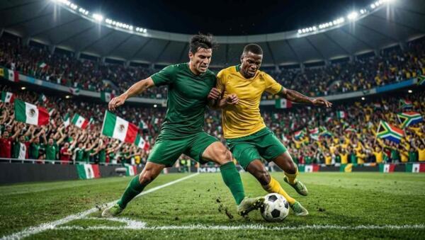 Jugadores de México y Sudáfrica disputan el balón en un partido del Mundial 2026.